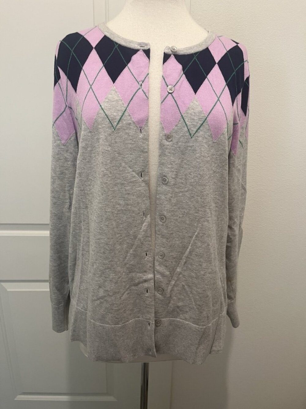LANDS' END Argyle 100% Supima Cotton Cardigan Sweater Preppy Academia Ivy League